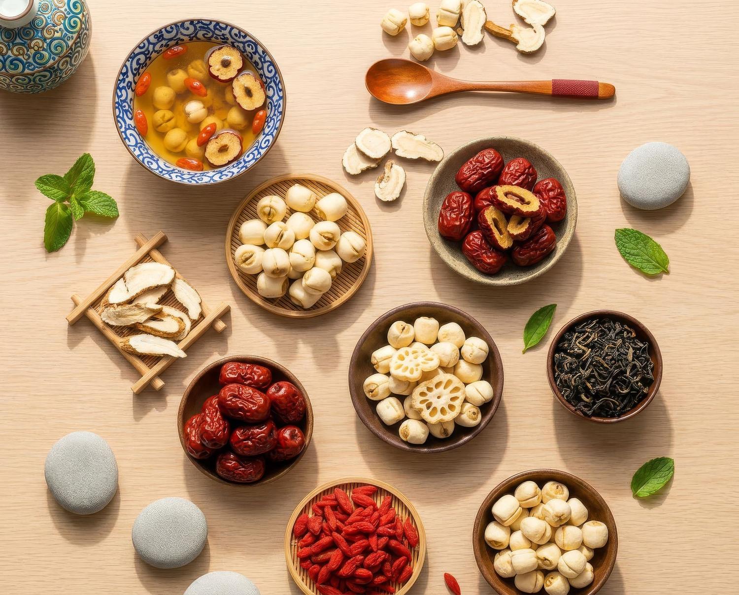 Jujube, mushrooms and herbs in bowls